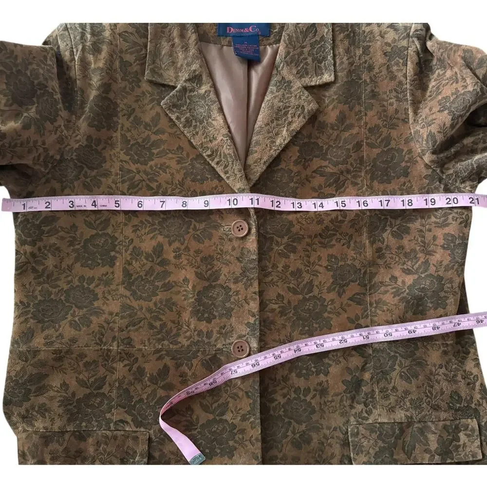Vintage Denim & Co. Brown Floral Suede Leather Longline Blazer Jacket Medium Y2K